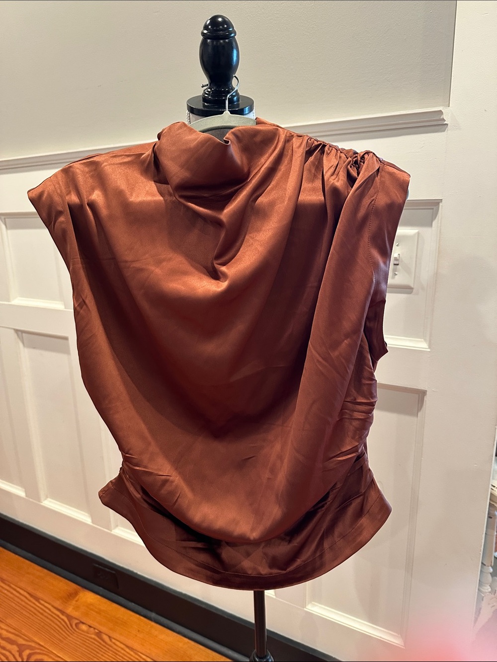 Anthropologie Satin Draped Sleeveless Top in Rust
